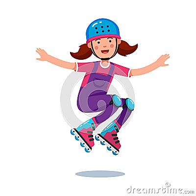 Girl in jumpsuit, helmet jumping on roller blades Vector Illustration