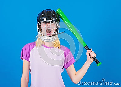 Girl just want have fun. Play game for fun. Woman having fun during baseball game. Girl pretty blonde wear baseball Stock Photo