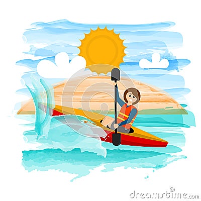 Girl on a kayak boat Vector Illustration