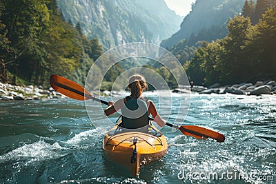 A girl in a kayak sailing on a mountain river. whitewater kayaking, down a white water rapid river in the mountains. Stock Photo