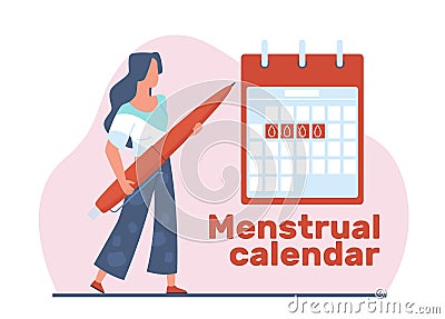 Girl keeps her menstrual calendar. Woman near large table with period marks. PMS and ovulation, menstruation control Vector Illustration