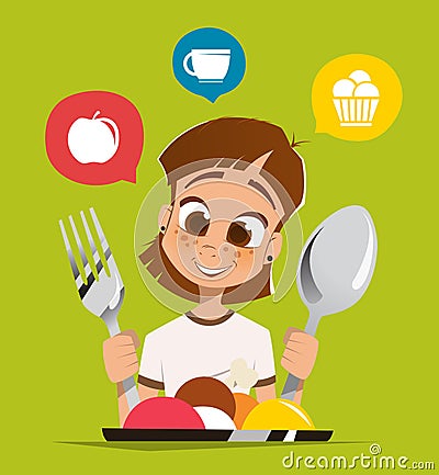 Girl kid child holding spoon and fork eating meal dish Vector Illustration