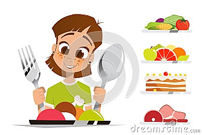 Girl kid child holding spoon and fork eating meal dish Vector Illustration