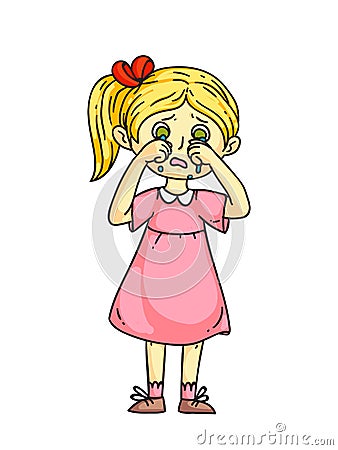 Girl kid crying after quarrel flat cartoon. Sad, offended children. Childhood. Emotions and expressions. Vector Vector Illustration