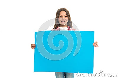Girl kid hold blank surface copy space. Advertisement concept. Child cute girl happy carries blue paper place for Stock Photo