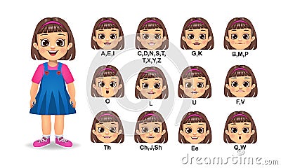 girl kid mouth animation and Alphabet pronunciation set Stock Photo