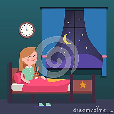 Girl kid preparing to sleep bedtime in bed Vector Illustration