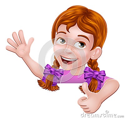 Girl Kid Thumbs Up Cartoon Child Peeking Over Sign Vector Illustration