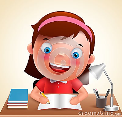 Girl kid vector character happy studying in desk doing school homework Vector Illustration