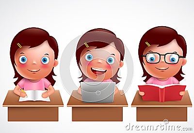 Girl kid vector characters set. Female preschool student studying, reading and browsing Vector Illustration