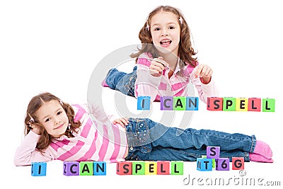 Girl with kids blocks saying I can spell collage Stock Photo