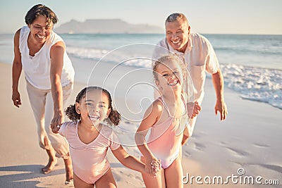 Girl, kids and happy grandparents at beach, on holiday or vacation together. Grandma, children and grandpa play by ocean Stock Photo