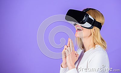 Girl killer technology vr headset play shooter game. Lady with weapon gesture. Enthralling interaction virtual reality Stock Photo