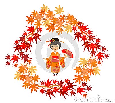 The girl in a kimono and maple leaves Vector Illustration