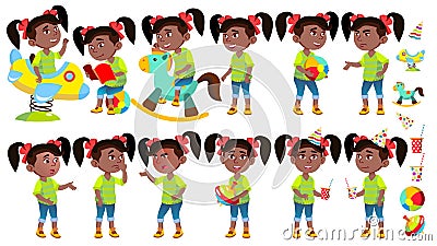 Girl Kindergarten Kid Poses Set Vector. Black. Afro American. Emotional Character Playing. Having Fun On Playground. For Vector Illustration