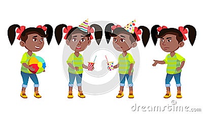 Girl Kindergarten Kid Poses Set Vector. Black. Afro American. Little Child. Having Fun On Carnival, Birthday Party. For Vector Illustration