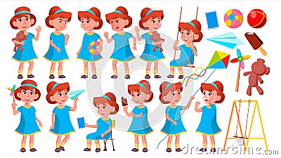 Girl Kindergarten Kid Poses Set Vector. Happy Children Character. Babysitting. For Advertisement, Greeting, Announcement Vector Illustration