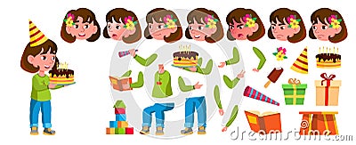 Girl Kindergarten Kid Vector. Animation Creation Set. Face Emotions, Gestures. Preschool, Childhood. Smile. Toys. For Vector Illustration