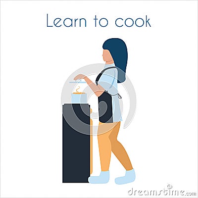 Girl in a kitchen apron prepares soup, chef, illustration in flat style for restaurants, cafes Vector Illustration