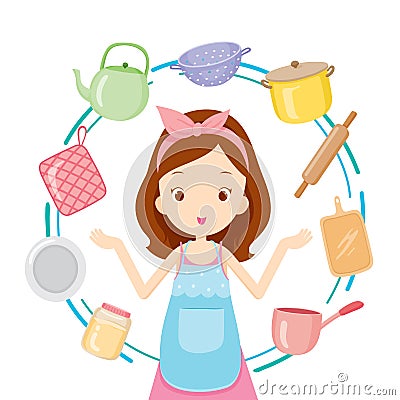 Girl With Kitchen Equipments Vector Illustration