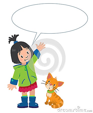 Girl and kitten with balloon for text Vector Illustration