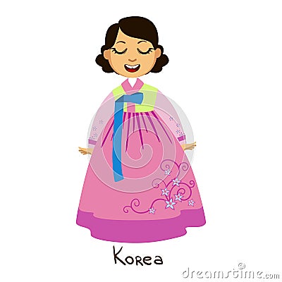 Girl In Korea Country National Clothes, Wearing Pink Dress With Floral Pattern Traditional For The Nation Vector Illustration
