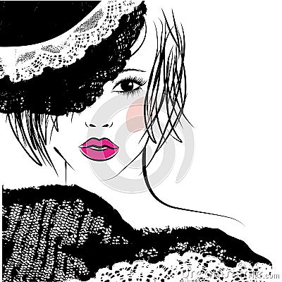 Girl with in a lace hat, fashion illustration Vector Illustration
