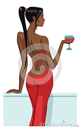 Girl lady black hair standing back on the balcony with a glass of champagne wine isolated vector Vector Illustration