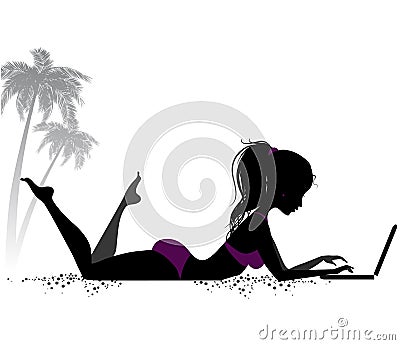 Girl with laptop on the beach Vector Illustration