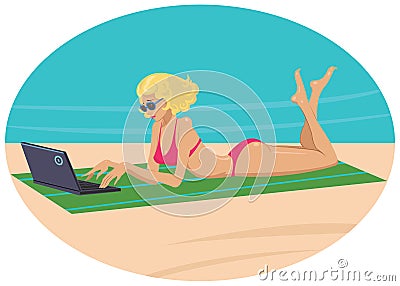 Girl with a laptop on the beach Vector Illustration