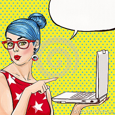 Girl with laptop in the hand in comic style. Woman with notebook . Girl showing the laptop. Girl in glasses. Hipster girl. Stock Photo