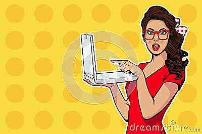 Girl with laptop in the handpointing with finger on it. Digital advertisement. Some news or sale concept. Wow, omg emotion. Vector Illustration