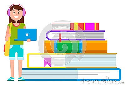 Young Girl Stand with Laptop near Stack of Books Vector Illustration