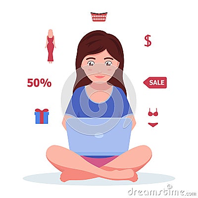 Girl with a laptop looking for online shopping Vector Illustration