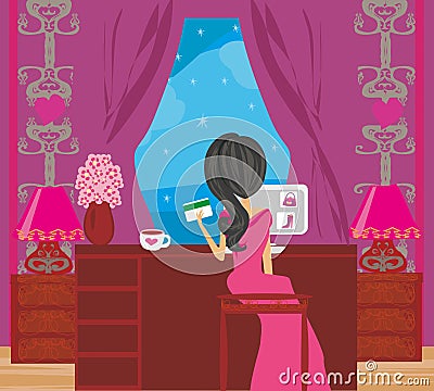 Girl with laptop makes shopping Vector Illustration