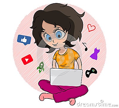 Girl with laptop performs various actions. Vector girl with laptop. Cartoon lady. Colorful illustration. Funny personage. Cute wom Vector Illustration