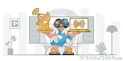 Girl with laptop and satellite dish for IoT, vectorised in modern style. Vector Illustration