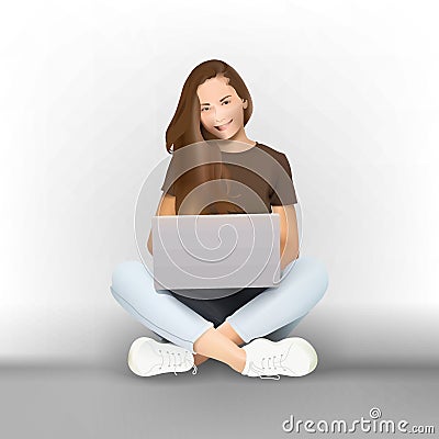 Girl with laptop sitting ground. Student working on a computer. Female character career enjoying. Vector illustration. Vector Illustration