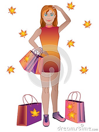 A girl with a large number of purchases. Woman Returning from shopping. Vector Illustration