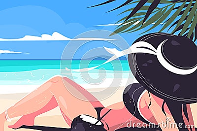 Girl laying on beach in hat Vector Illustration