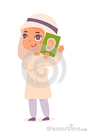 Girl learning sight sensory sense, holding card with human nose in hand, studying scent sense Vector Illustration