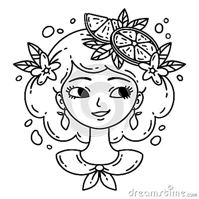 Girl with lemon. Lemonade girl. Isolated objects on white background. Vector illustration. Coloring pages. Cartoon Illustration