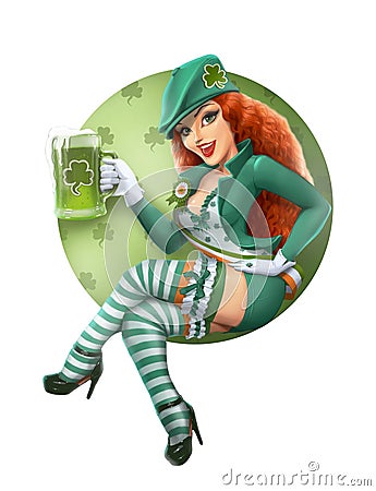 Girl in leprechaun suit with beer. Saint Patrick day. Stock Photo