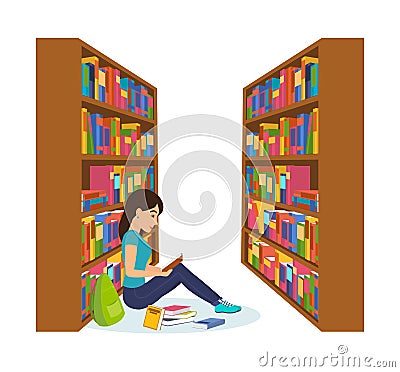 Girl in library, reading book and working with necessary materials. Vector Illustration