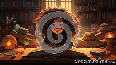 A girl in the library is studying books Cartoon Illustration