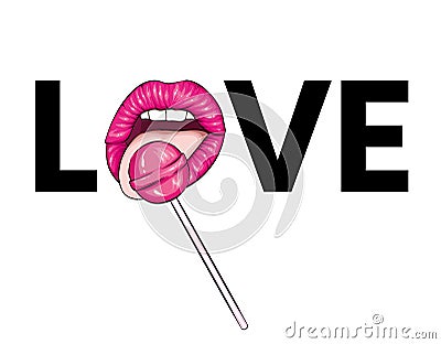 A girl licks a candy on a stick. Women`s lips, tongue and sweet. Vector illustration. Love. Vector Illustration