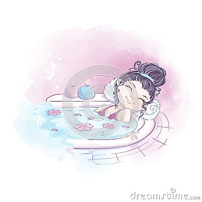 The girl lies in a bath with aromatic oils and salt. Vector Illustration