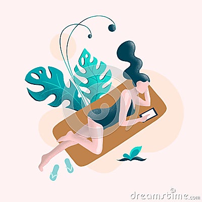 Girl lies on the beach exotic, flat illustration, staring at the phone Cartoon Illustration