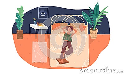 Girl lies on the bed and relaxes vector flat illustration. Vector Illustration