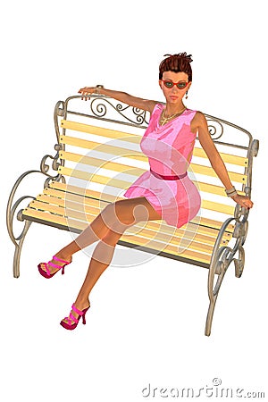 A girl in a light summer pink dress sitting on a park bench Stock Photo